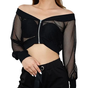

Female New Summer Transparent Mesh Shirt Slash Neck Long Sleeve Shirt Zipper Collar Design Short Sexy Crop Top Blouse