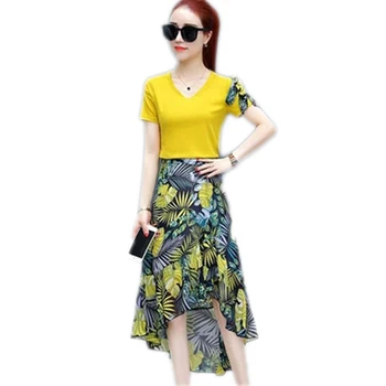 

2019 New Summer Women V Neck Chiffon Patchwork Cotton Shirt+ Irregular Hem Floral Print Skirt Suits Female Casual Sweet Set Z277