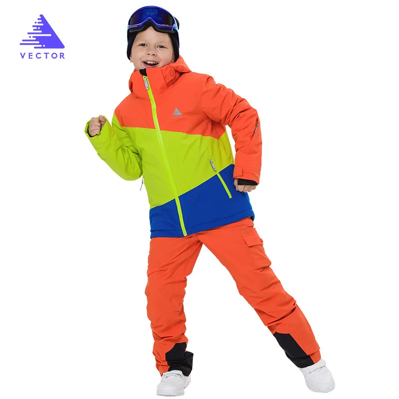 Векторные лыжные комплекты для мальчиков и девочек, зимние водонепроницаемые ветрозащитные детские лыжные куртки, Детские уличные теплые спортивные костюмы с капюшоном для сноуборда 70005