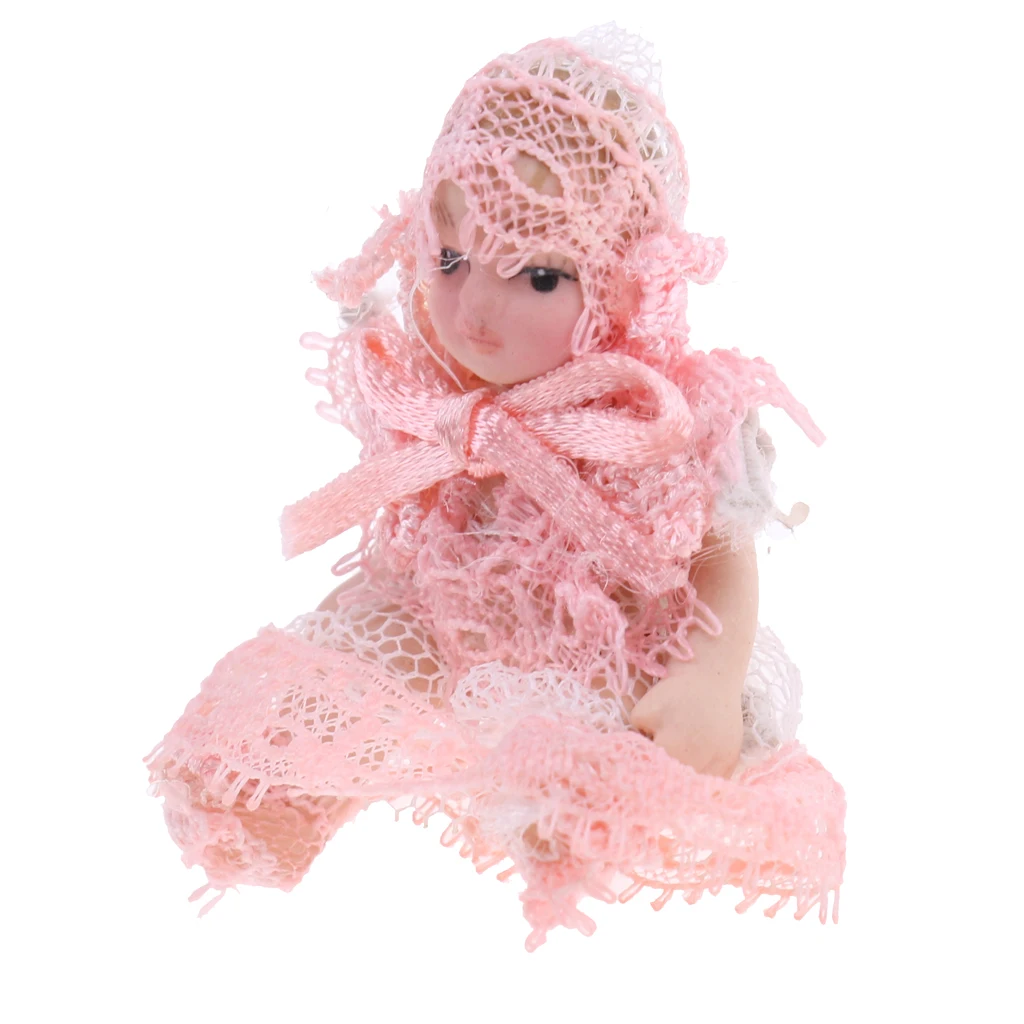 1/12 Porcelain Cute Baby Doll in Lace Dress Dolhouse Miniature People