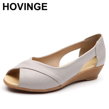 

HOVINGE Summer Style Weave Genuine Leather Wedges Heel Sandals Women Flat Peep Toe Soft Bottom Solid Female Casual Summer Shoes