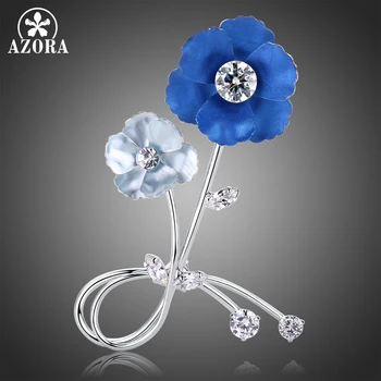 

AZORA Classic Blue Double Flowers Brooch Pins Clear Cubic Zirconia Scarf Pins Christmas Gift Banquet Weddings Accessories TP0092
