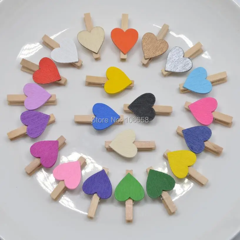 

24pcs/12pcs 30mm Wooden Heart Love Clips pegs For Photo Paper Clips Clothespin Craft Postcard Decoration Wedding Photo Wall
