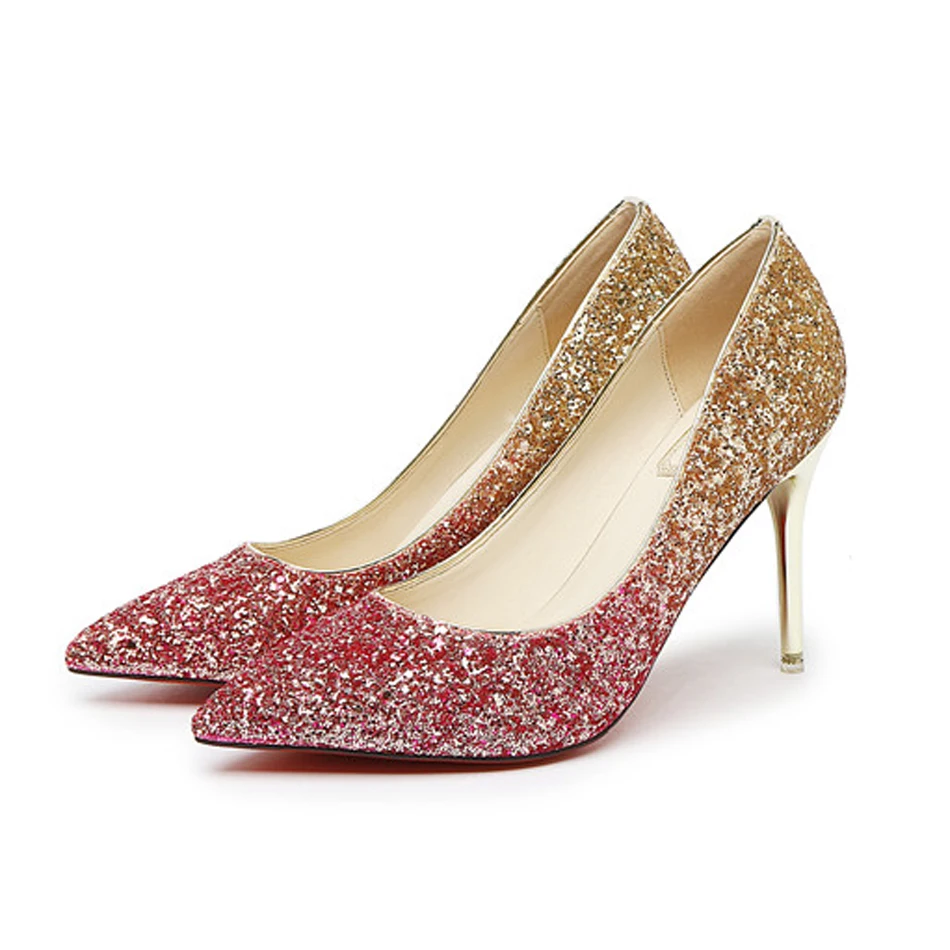 

2018 New high heels shoes Sequined party wedding shoes women's pumps Pointed toe Woman Crystal Wedding Shoes 9cm heel big size