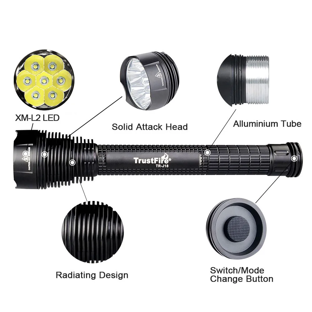 Trustfire TR-J18 фонарик 5 режимов 8000 люменов мощный фонарь 7x XM-L2 на 18650/26650 фонари водонепроницаемый уличный фонарь для охоты