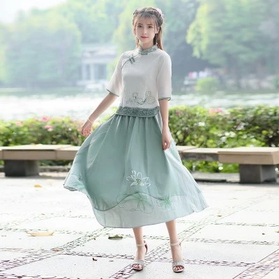 SHENG COCO Linen льняные женские костюмы Hanfu Женская традиционная юбка в китайском стиле костюмы Qipao топы и юбки костюмы guzheng комплект плюс размер - Цвет: Green Ladies Hanfu