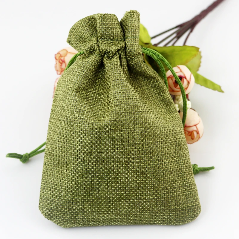 Bolsas de yute verde oliva de 100 unids/lote, bolsas de arpillera de para abalorios de joyería, embalaje de bolsas de lino, venta al por mayor|bag pouch|gift bag pouchgift bag -