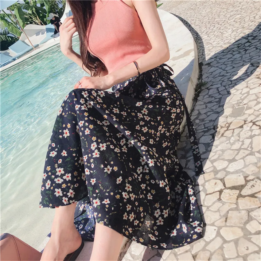 

Faldas Mujer Moda Women Summer Lace-Up Maxi Skirts Printed Flower One Piece Chiffon Skirts for Holiday Beach Skirt Jupe Longue