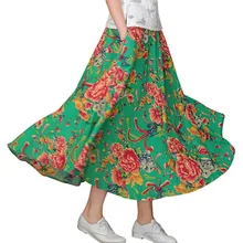 Расклешенная юбка из хлопка и льна с высокой талией, плиссированная юбка с цветочным принтом и карманами, юбка с эластичной резинкой на талии в китайском стиле