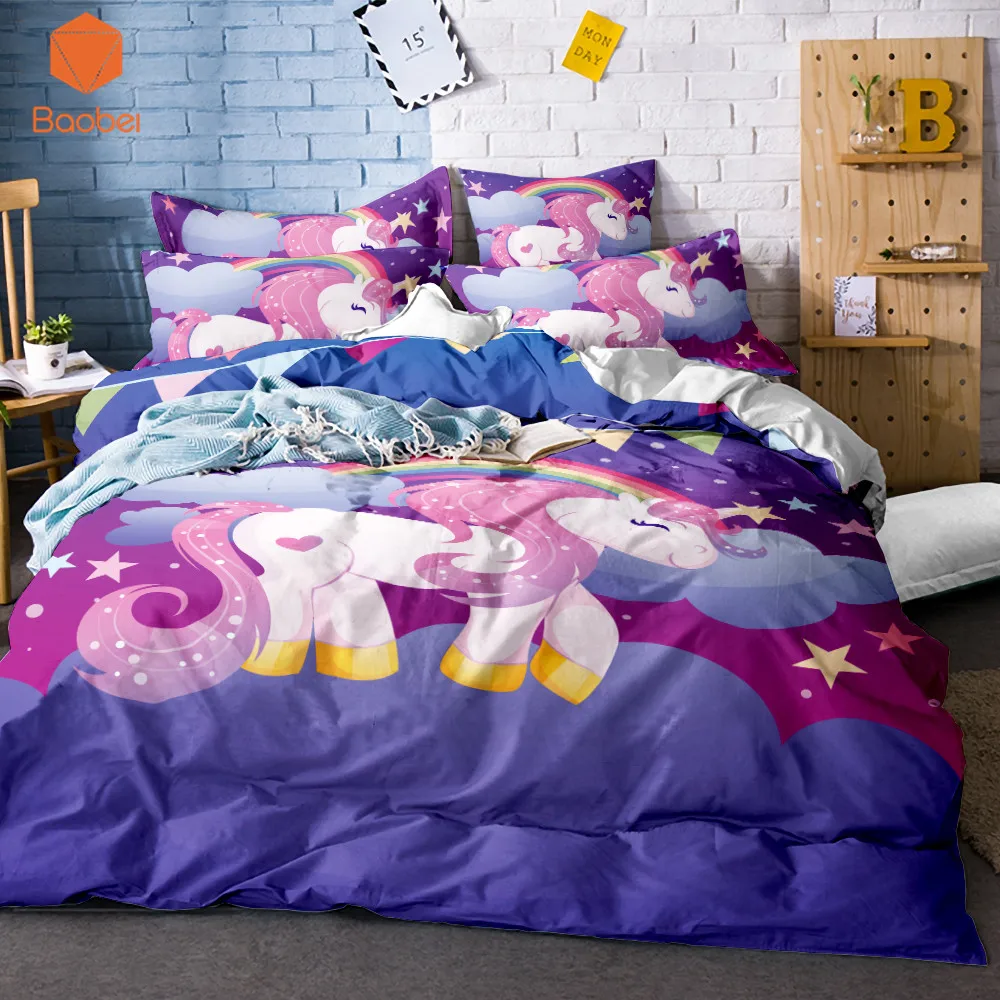 3pcs 3d White Beding Set Cute Unicorn Horse Duvet Cover