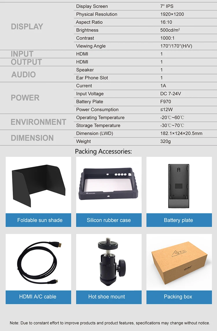 Lilliput A7S 4K видео монитор 7 дюймов On-camera полевой монитор с высоким разрешением ips Full HD 1920x1200 для Canon sony Nikon