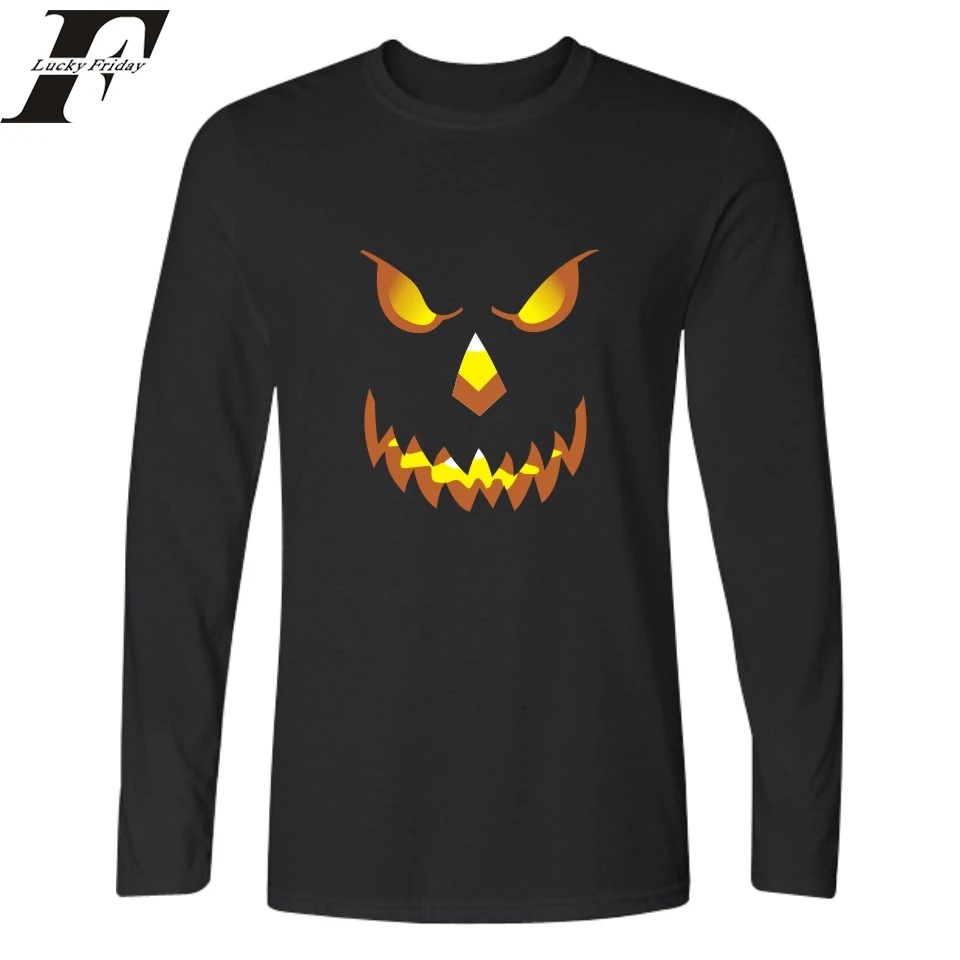 2017 Halloween Smiling Pumpkin Funny t shirts Printed T Shirt Men women Long Sleeve T shirt