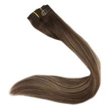Full Shine Clip In Ombre Hair Extensions Straight Remy Human Hair 9Pcs Color #4 Dark Brown Fading to #24 Highlighted Extensions