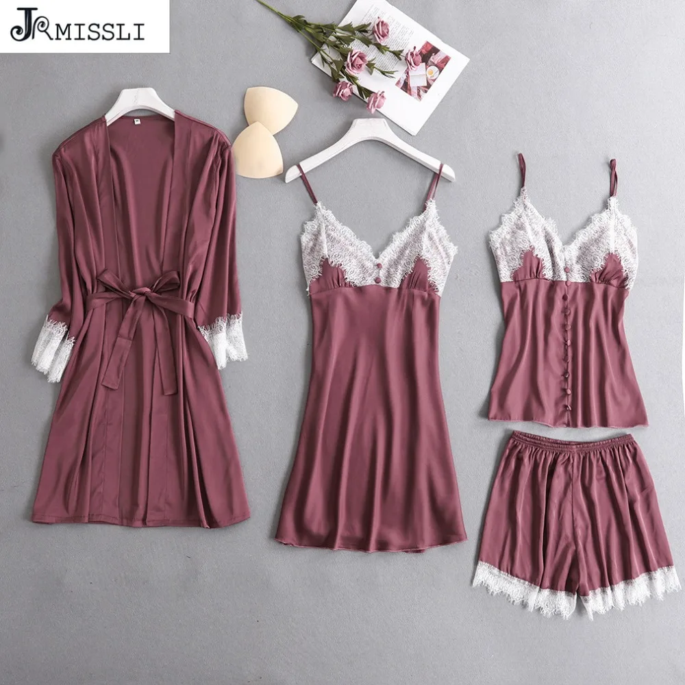 

JRMISSLI Satin Sleepwear with Chest Pads Sexy Women Pajamas Lace Slik Sleep Lounge 4 Pieces Sets Embroidery Ladies Home Clothing