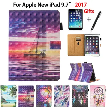 

3D Colorful Case For Apple New iPad 9.7 2017 A1822 Smart Case Cover Funda Tablet Fashion Cartoon PU Leather Stand Shell+Film+Pen