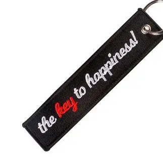 

100pcs/lot The Key to happiness Embroidery Letter Key Chain for Motorcycles and Cars Key Ring Gifts key tag