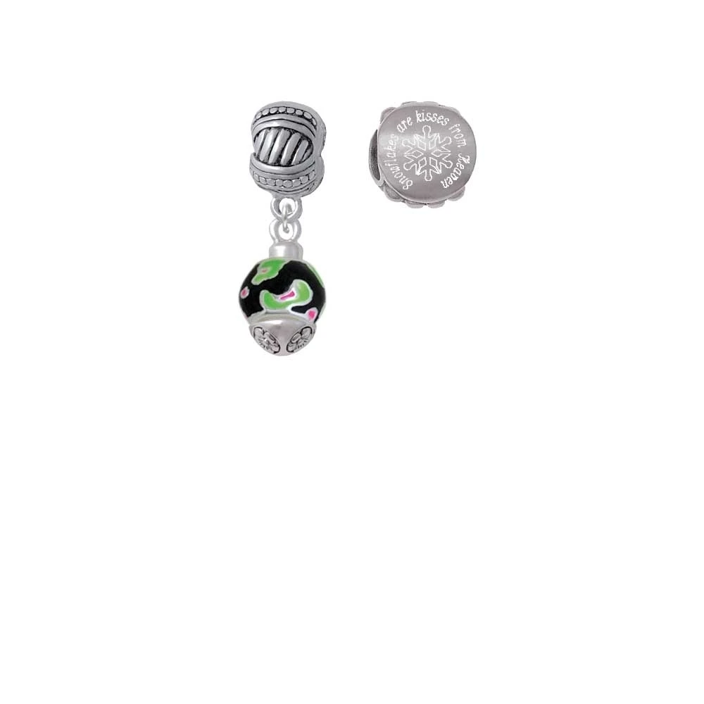 Silvertone Wide Lime Green Cheetah Print Band Spinner Snowflakes are Kisses from Heaven Charm Beads (Set of 2)