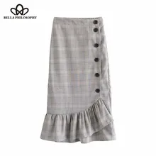 Wonder осенний плед Кнопки украшения Хем оборками повседневная юбка средней длины faldas mujer женские с эластичной талией Русалка Юбка