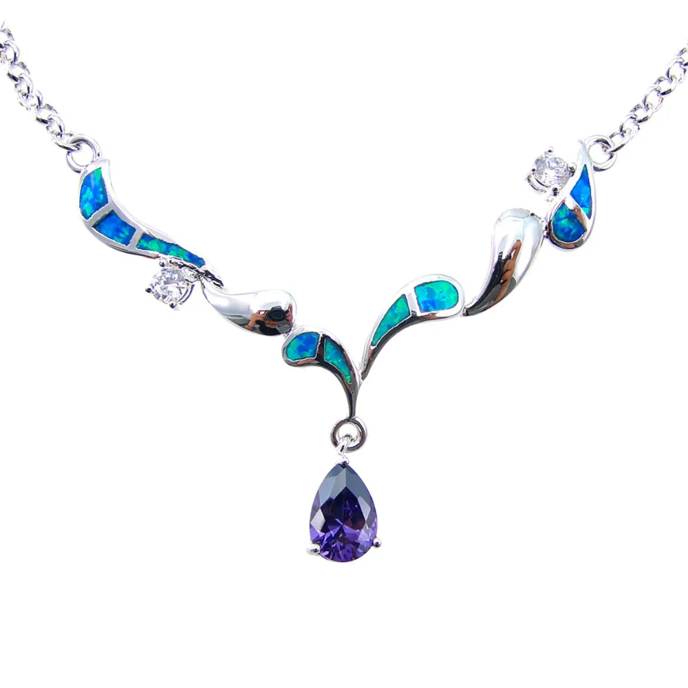 

Fashion Jewelry Long Necklace Opal Jewelry Silver Plated Women Pendants Necklace Blue Fire Opal Pendant for Women Christmas gift