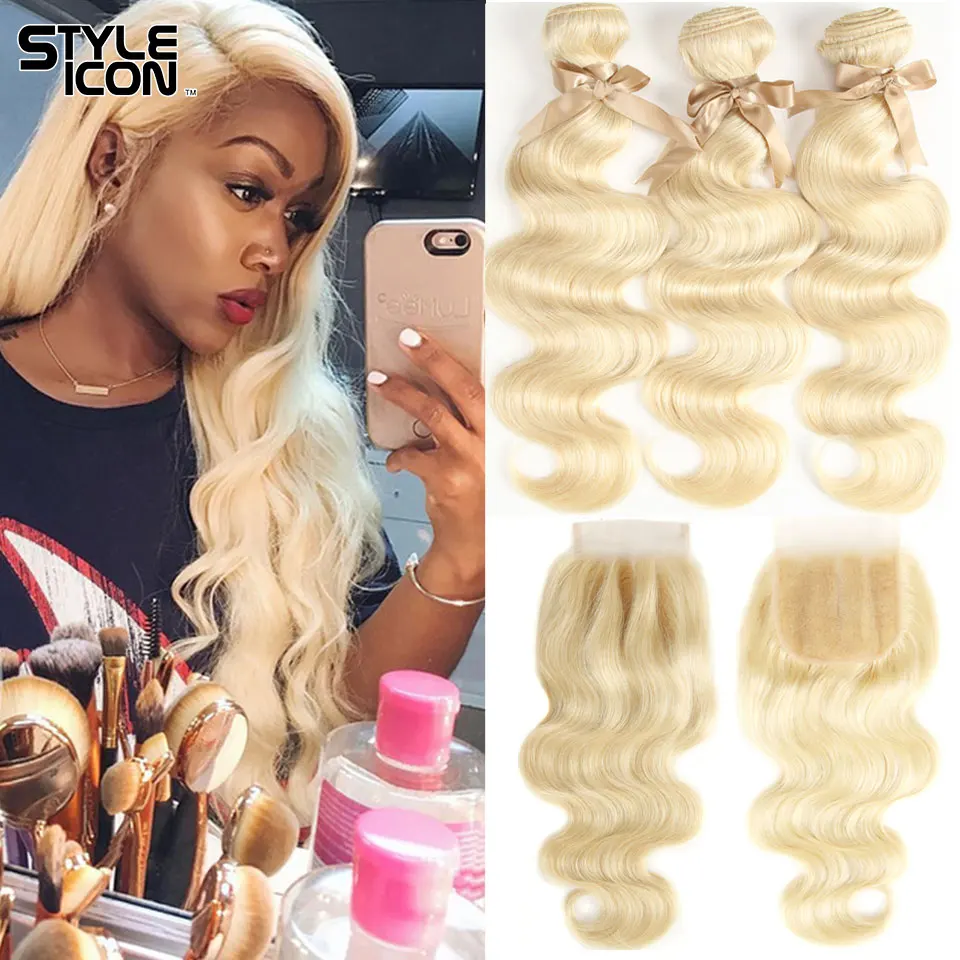 

Styleicon 613 Blonde Hair with Closure Body Wave Human Hair Weave with 4x4 Lace Closure Peruvian Remy Hair Weaving with Closure