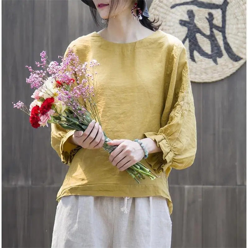 F& je Новая Летняя женская футболка большого размера, расклешенные винтажные топы с вышивкой и рукавами, футболка Femme, хлопковые льняные футболки с круглым вырезом, HXJ16 - Цвет: yellow