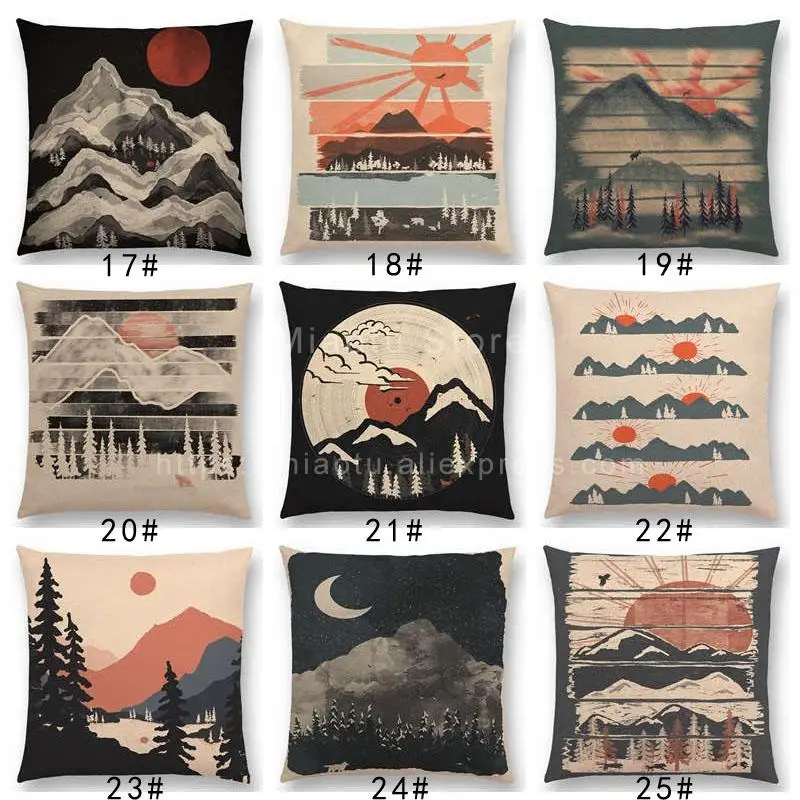 Funda de almohada de animales en el bosque, dรญa y noche, montaรฑas, sol, luna, exploraciรณn, Camping, zorro, Lobo