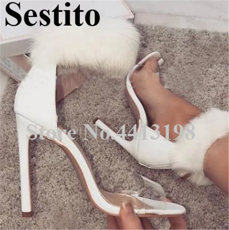

2019 Fashion PVC Ankle Feather Sandals Peep Toe 10cm Thin Heels Party Women Sandals Zip Cover Heel Summer Wedding Women Shoes