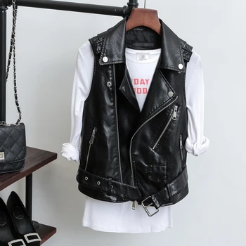 

2020 New Spring And Autumn Motorcycle Leather Vest Female Short Wild Women's Leather Jacket Fashion Slim Vest Jacket Women Black