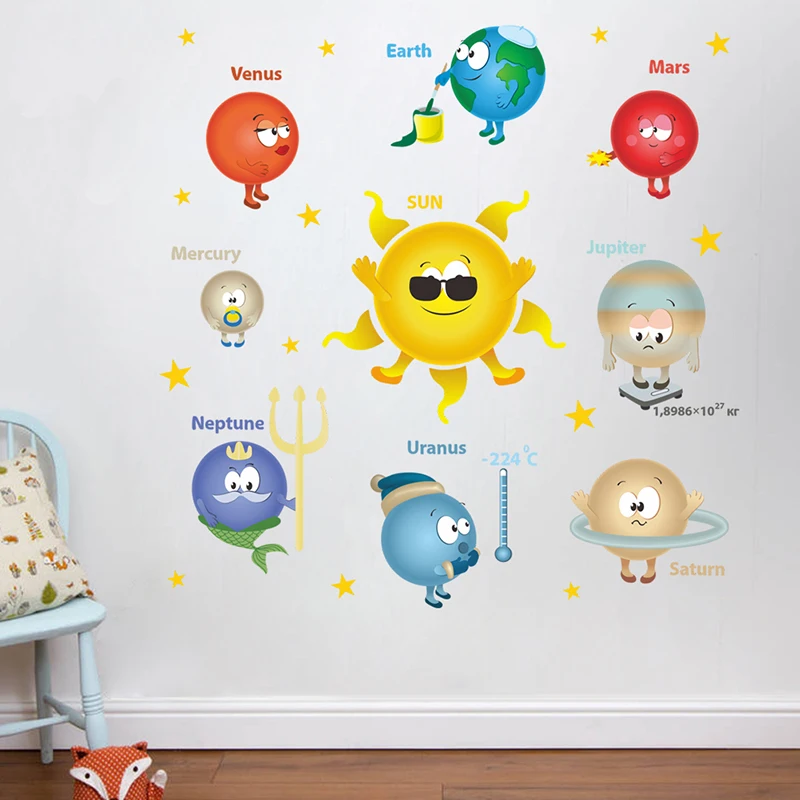 Outer Space Planets Solar System Wall Stickers For Classroom Kids Room Home Decoration PVC Nursery Mural Art Wall Decal