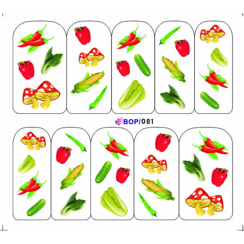 4 пачки/лот растительный перец томат огурец татуировки для ногтей наклейки водная наклейка для ногтей BOP080-083