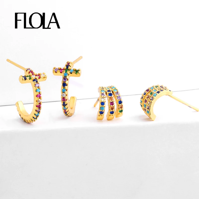 

FLOLA Ladies CZ Rainbow Ear Studs Cheap Gold Cross Stud Earrings Small Aretes De Moda Trending Huggie Jewellery 2019 ersq23