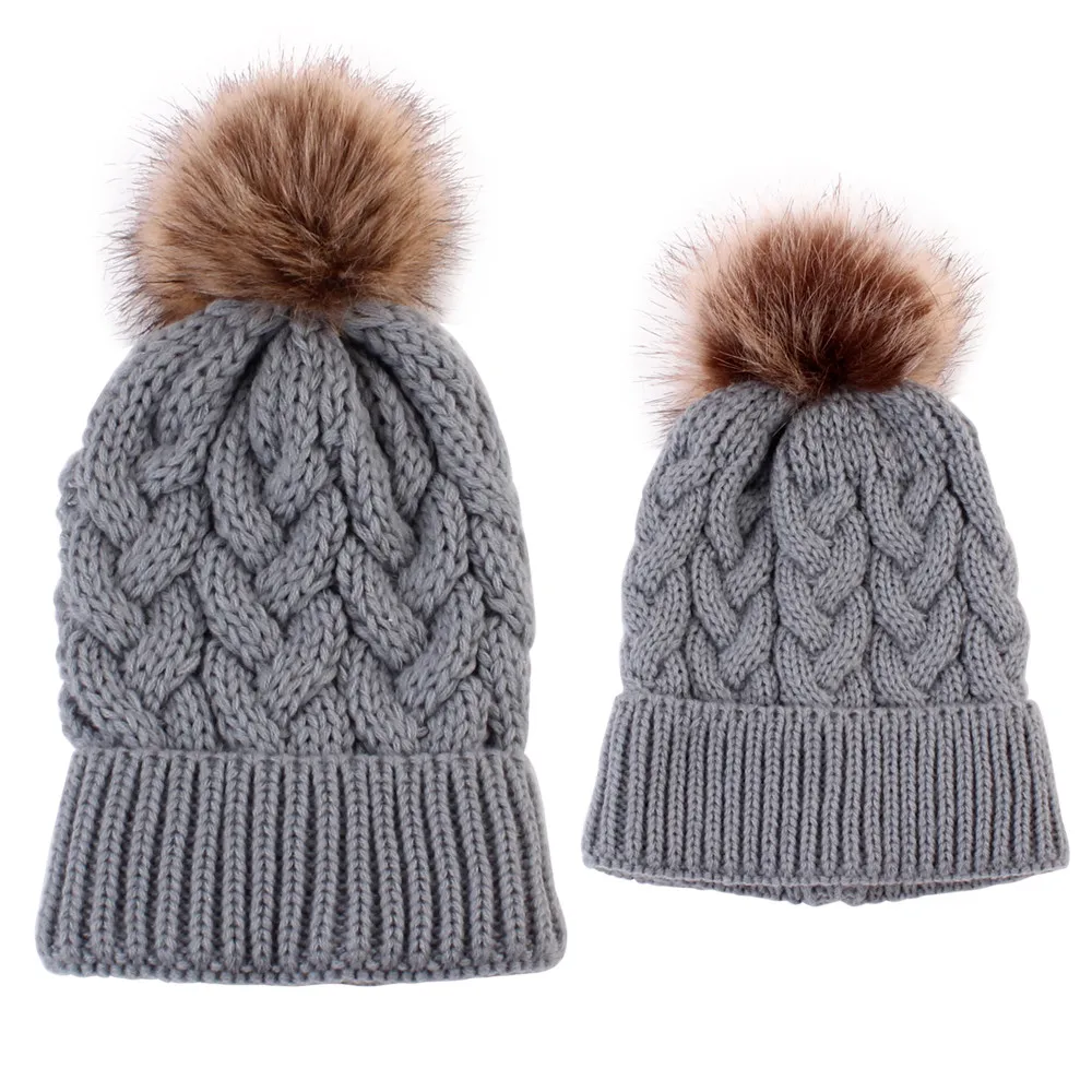 ARLONEET/шапка для мамы и ребенка; однотонная шляпа для маленьких девочек; зимняя шапка с помпонами для новорожденных; шляпы для девочек - Цвет: GY