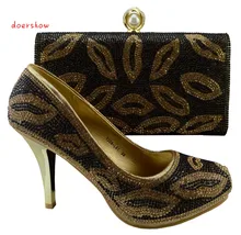 Doershow ouro sapatos Da Moda italiana e sacos define para corresponder para mulheres africanas Frete Grátis, cor de ouro em estoque, tamanho38-42 HJZ1-83