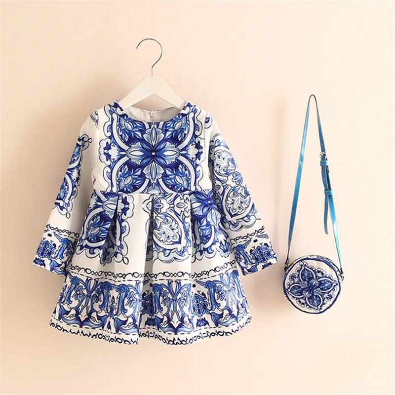 

Baby Girls Dress with Bag 2019 Brand Kids Autumn Dresses for Girls Clothing Floral Children Christmas Dress+Bag 2pices