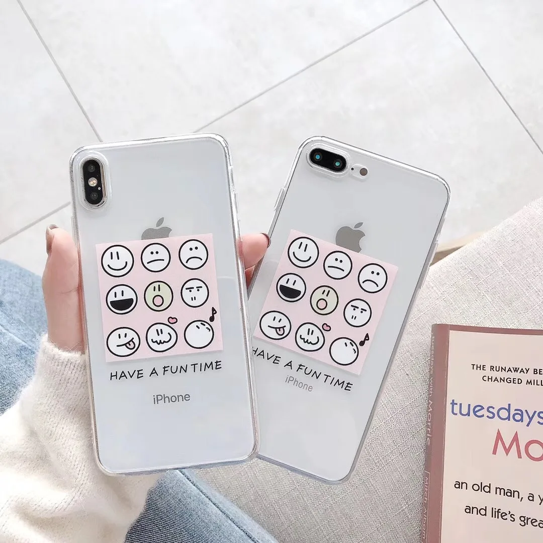 

INS Korea cute plaid smiley face pack phone case For iphone Xs MAX Xr X 6 6s 7 8plus back cover Transparent Soft TPU phone cases