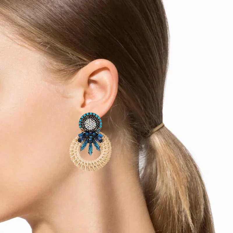 

ZHINI Handmade Round Earrings For Women Crystal Wooden Wedding Engagement Trendy Drop Dangle Statement Earrings Bohemian Jewelry