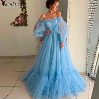 

Blue Prom Dresses Boho Off the Shoulder Long Sleeves Lantern Party Maxys Long Prom Gown Evening Dresses Robe De Soiree
