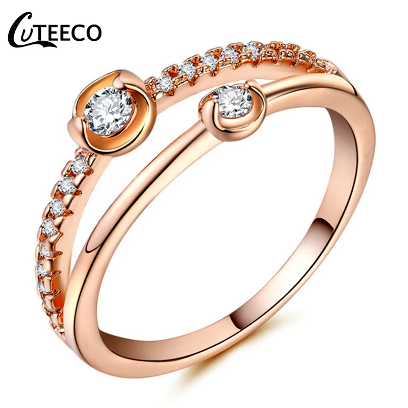 

CUTEECO New Rose Gold Finger Rings Silver Gemini Design Zircon for Women European Wedding Engagement Ring Jewelry Gift