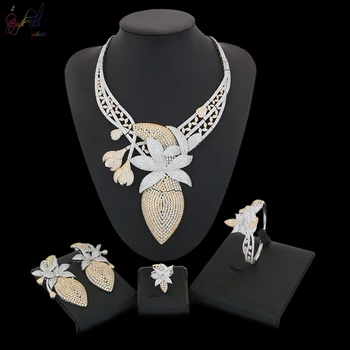 

YULAILI New Arrival Fashion Costume Gold Filled Jewelry Set Zircon Flower Design Necklace Bangle Earrings Set Accessories