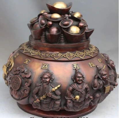 

JP S0226 Chinese Copper Bronze Gilt Wealth 5 Mammon Treasure bowl incense burner Censer