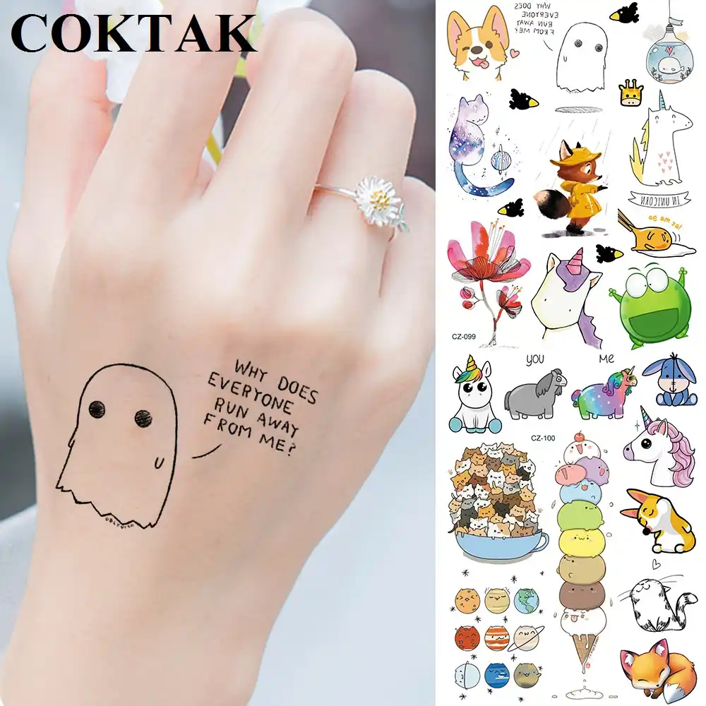 Cute Small Children Temporary Tattoos For Kids Fox Cats Ice Cream Funny