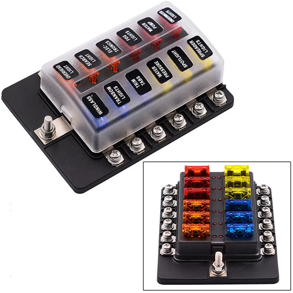 

Plastic Cover Fuse Box Holder 12 Ways Blade 32V M5 Stud With LED Indicator Light for Auto Car Boat Marine Trike