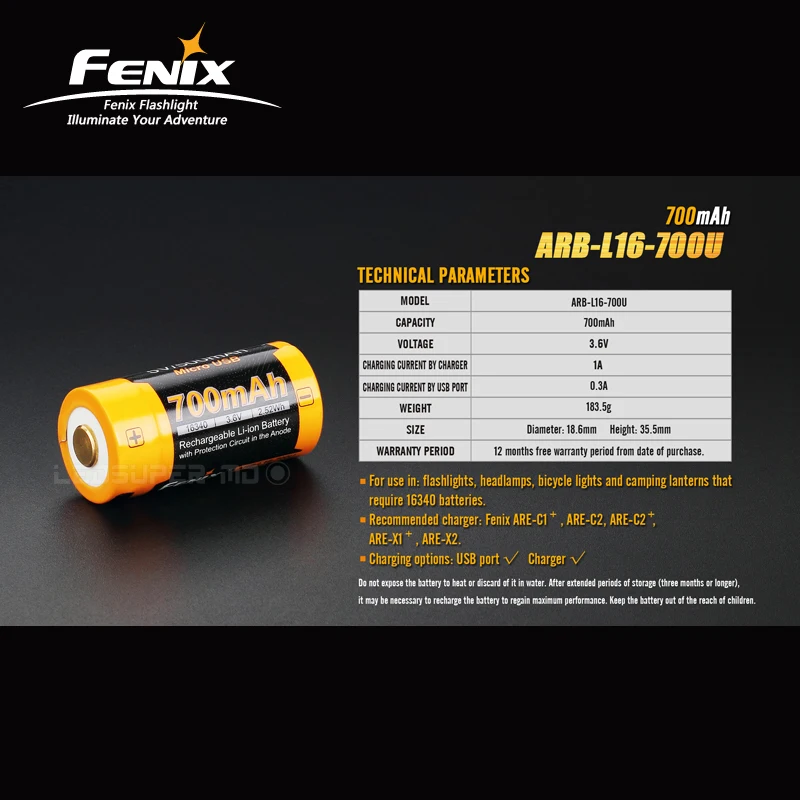 Fenix ARB-L16-700U 700 мАч USB перезаряжаемые литий-ионный батарея с защитой от короткого замыкания