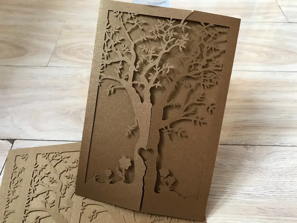 75pcs Tree Design Laser Cut Wedding Invitations,Brown Color Laser Cut