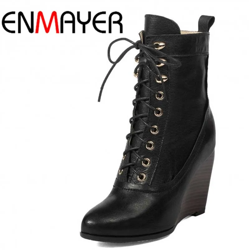 

ENMAYER Grain Leather Motorcycle Boots Wedges Round Toe Ankle Boots For Women New Black Brown Platform Fashion Winter Boots