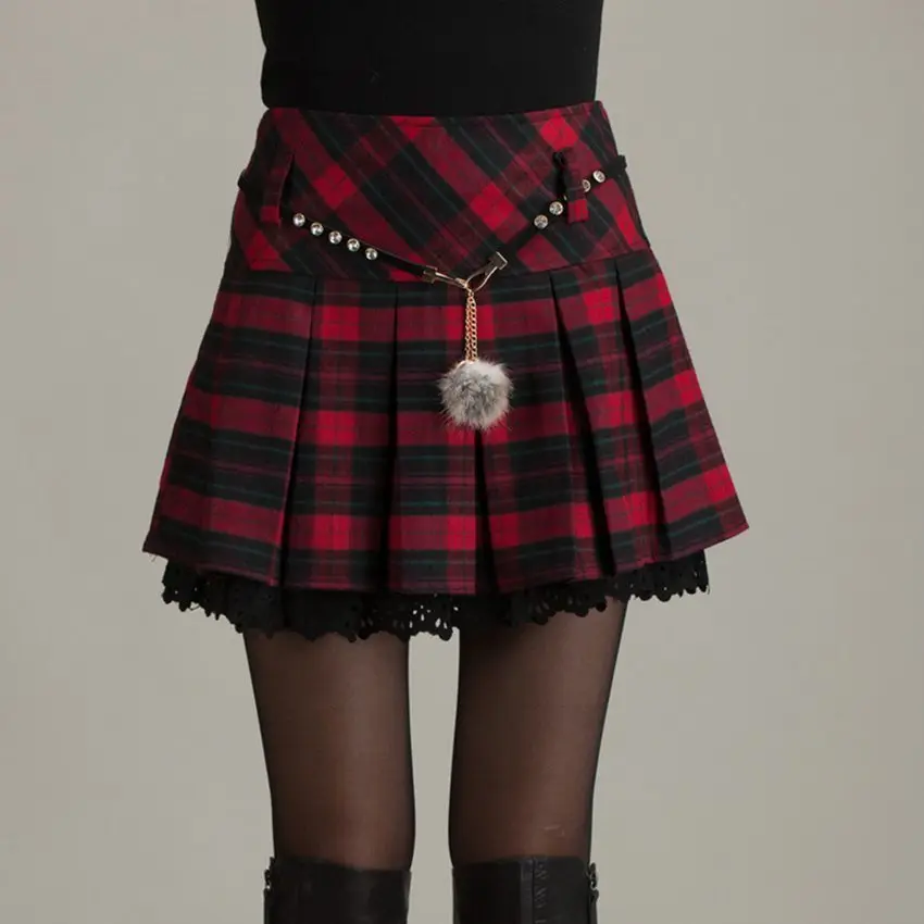 

#6003 Autumn Winter 2018 High Waist Thick Skirt Red Pleated Plaid Skirt Mini elastic waist skirt Short saia plissada Plus size