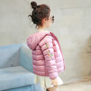 

2019 girls winter coat kids clothes children clothing white duck down light snowsuit hooded Chinese embroidery jacket 2 colors