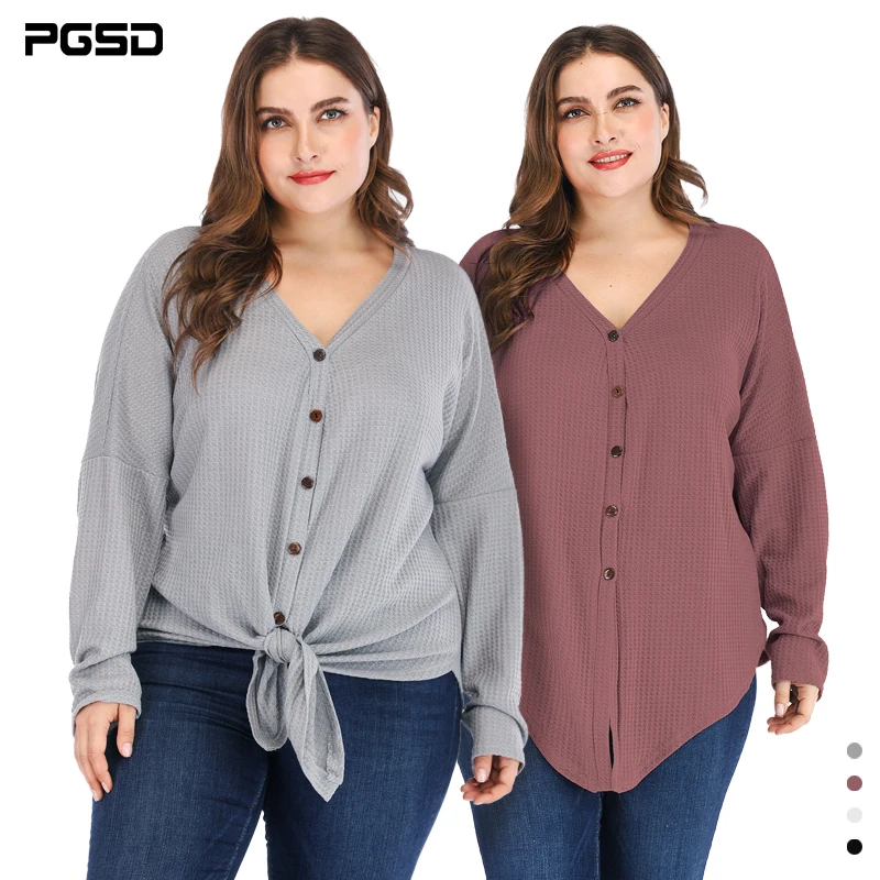 

PGSD New Soft Single breasted Irregular Button Knotted Long Sleeve Knitted V-Neck simple Solid Big size Women's clothes