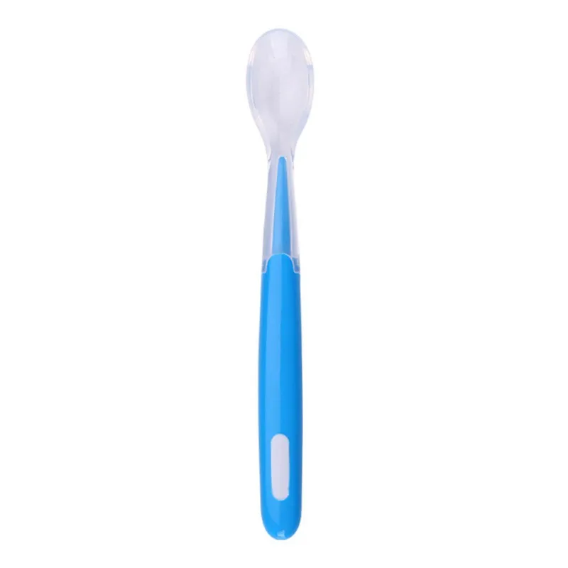 Прозрачный мягкий безопасный нетоксичный силиконовый гель для кормления детей ложка ручка столовые приборы посуда 4 цвета - Цвет: Синий