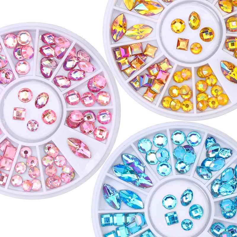 

Elessical Multi-choice Colorful Acrylic Rhinestone Nail Art Decoration Round Square Horse Eye Shape Nail Stud in Wheel Accessory